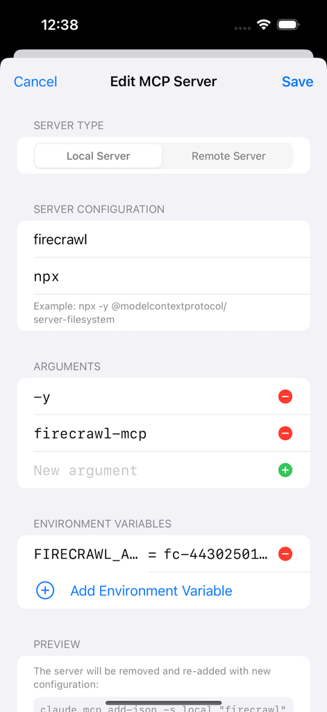 CodeAgents Mobile - Interface for editing an MCP server configuration in CodeAgents Mobile showing server type arguments and environment variables