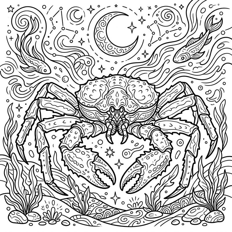 Embark on an enchanting nocturnal journey with our King Crab Night Time coloring page. This intricate design brings the wonder of the deep sea to life under a magical starry sky, perfect for all ages.
