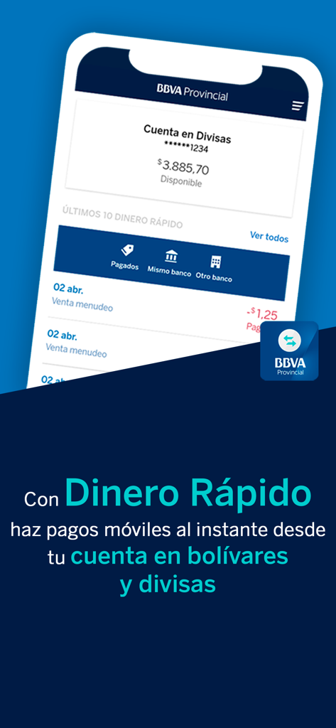 BBVA Provincial Dinero Rápido - Interfaz de la aplicación BBVA Provincial Dinero Rápido mostrando el saldo de una cuenta en moneda extranjera y transacciones recientes.