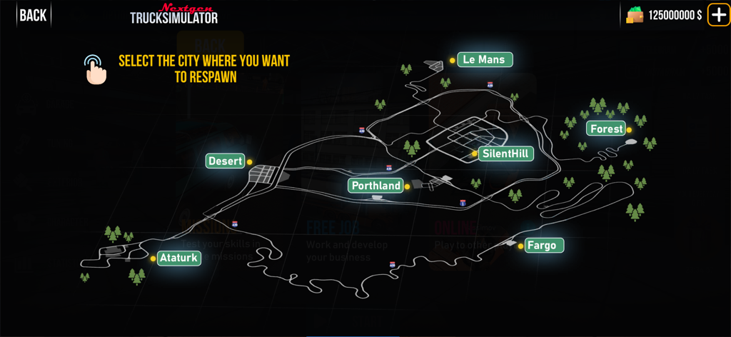 Nextgen: Truck Simulator - Un mapa del mundo en Nextgen Truck Simulator que muestra varias ubicaciones de ciudades para la selección de reaparición del jugador.