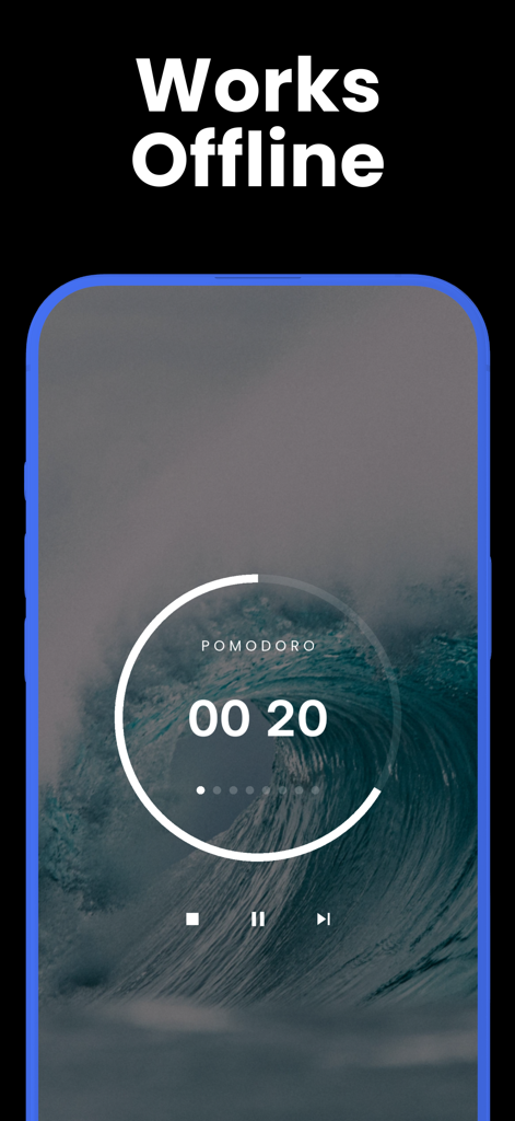 Pomo: Pomodoro Timer - Pomo app interface with a focus timer over a wave background stating it works offline