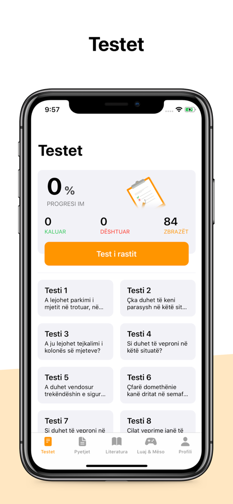Interface of the Autoshkolla Kosove app showing a list of driving theory tests and user progress statistics