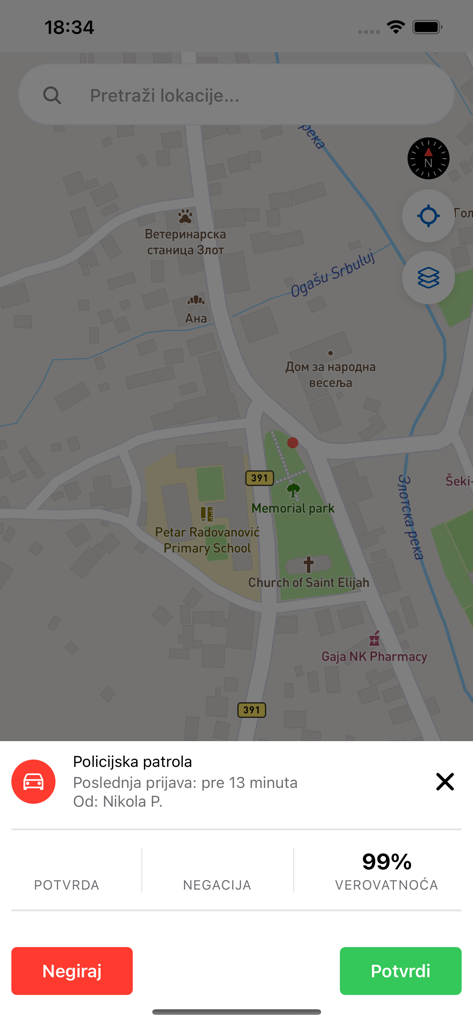 Pazi - Patrole i Radari - Pazi mobile app screenshot showing a police patrol alert on a map with a 99 percent probability rating and confirmation buttons.