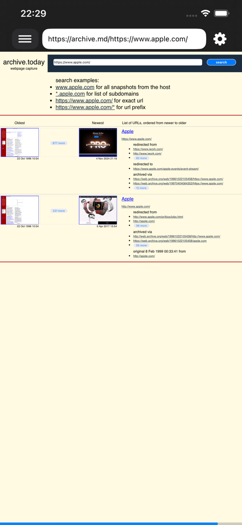 Cached View - Interface of the Cached View app displaying archived snapshots and historical versions of a website.