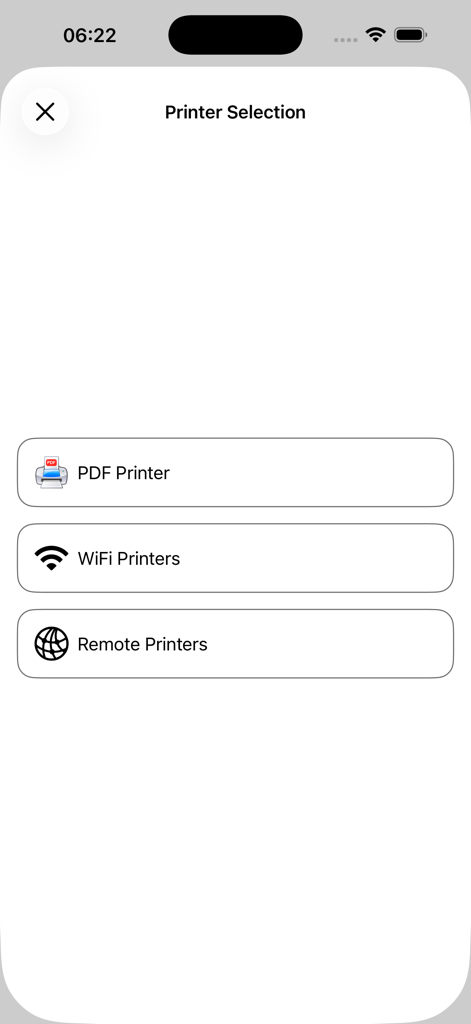 PrinterShare Premium - PrinterShare Premiumアプリのプリンター選択画面。PDF、Wi-Fi、リモートプリンターのオプションが含まれます。