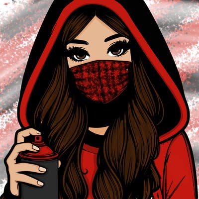 girl wearing a mask with long hair with her hood up spray-painting realistic