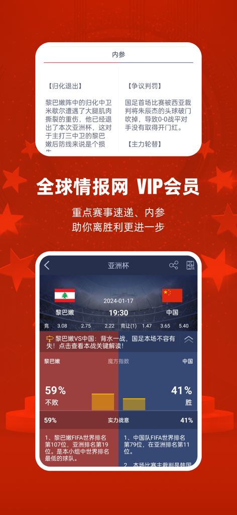 Interfaz de la aplicación móvil Soccer Cube que muestra inteligencia deportiva VIP y predicciones de resultados de partidos para un partido entre Líbano y China.