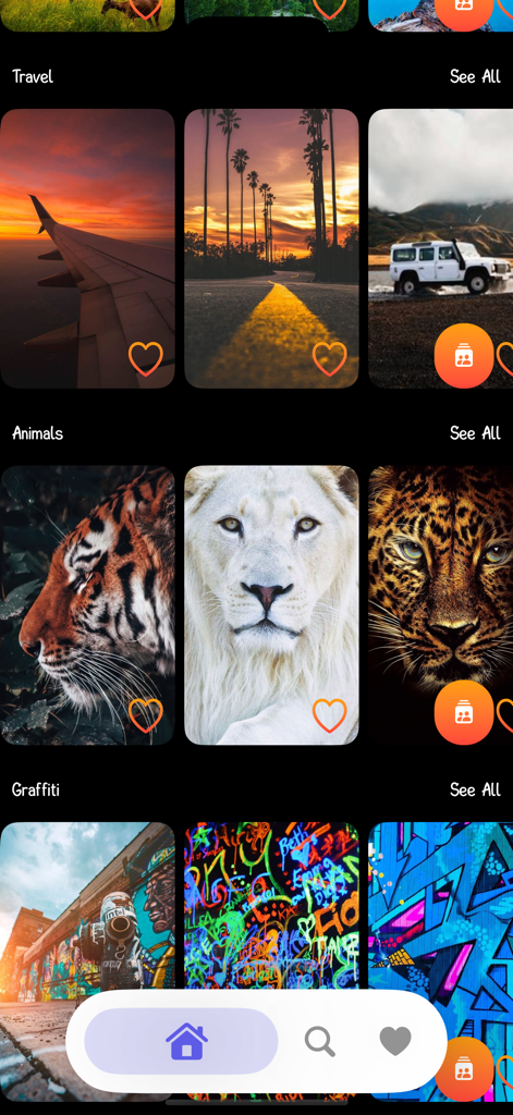 Wallpapers HD: 4K Themes - Una interfaz de aplicación móvil que muestra categorías de fondos de pantalla seleccionadas que incluyen viajes, animales y graffiti.
