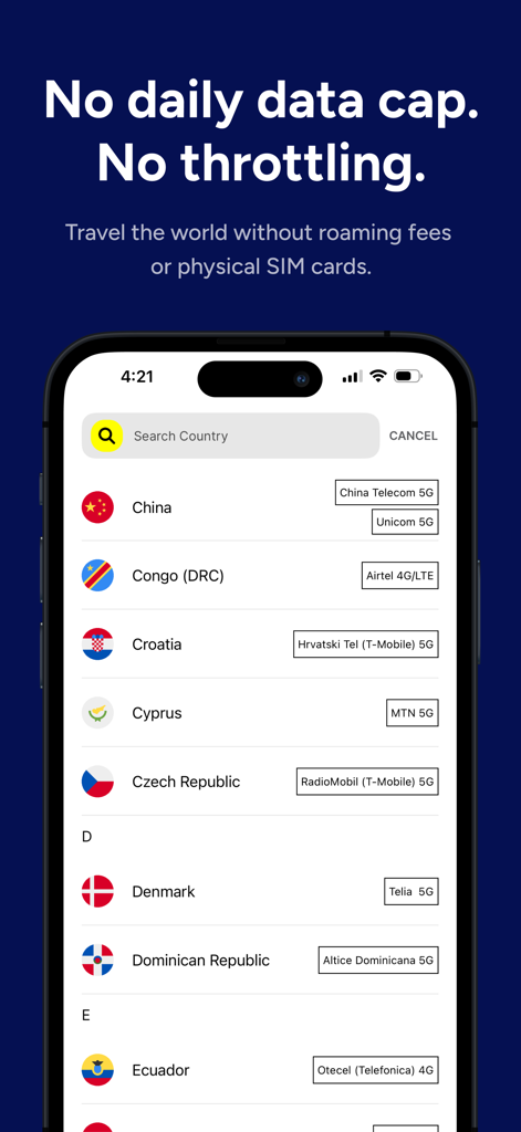 Tela do aplicativo Eskimo exibindo uma lista de países e seus provedores de rede 5G e 4G LTE locais correspondentes