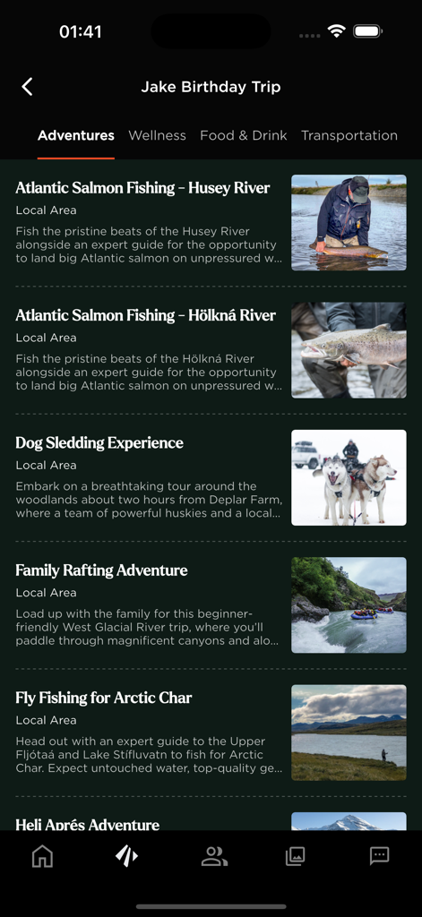 Eleven Experience - Eleven Experience app showing a curated list of luxury adventures including salmon fishing and dog sledding