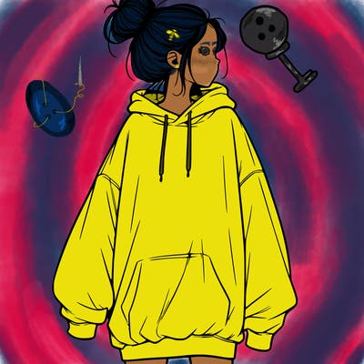 realistic girl with a oversized sweatshirt on and a bun