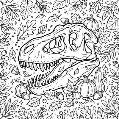 Dive into a unique coloring experience with this T-Rex skull surrounded by beautiful autumn foliage. This intricate design blends prehistoric power with the cozy charm of the fall season, perfect for a relaxing creative escape.