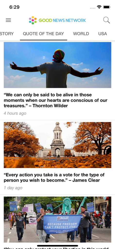 Good News Network - Good News Network app interface displaying daily inspirational quotes