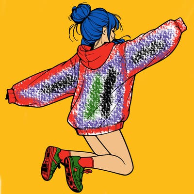 realistic girl jumping with a bun and oversized sweatshirt