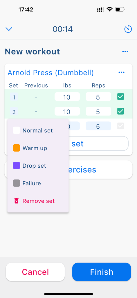 Smart Gym Workout Tracker - Tela do aplicativo Smart Gym para registrar séries de Arnold Press com opções para aquecimento e drop sets