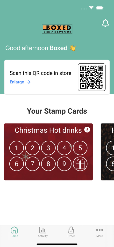 Boxed CP app interface showing loyalty stamp cards and a QR code for in-store scanning
