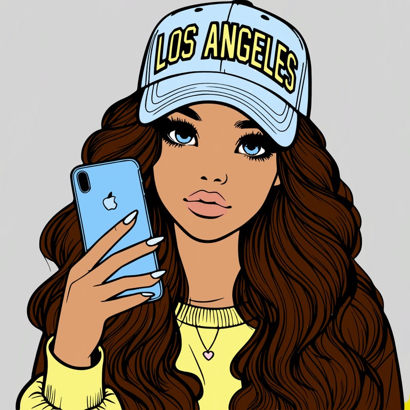 realistic beautiful girl wearing los ángeles cap holding an iphone