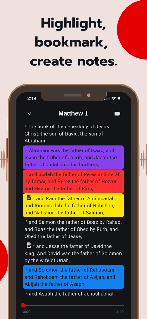 Bible - Audio & Video Bibles - L'interface de l'application Bible.is affiche des versets bibliques avec des surlignages colorés et des icônes de notes.
