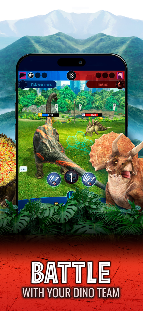Una batalla de dinosaurios en la arena del juego móvil Jurassic World Alive con un Brachiosaurus y un Triceratops
