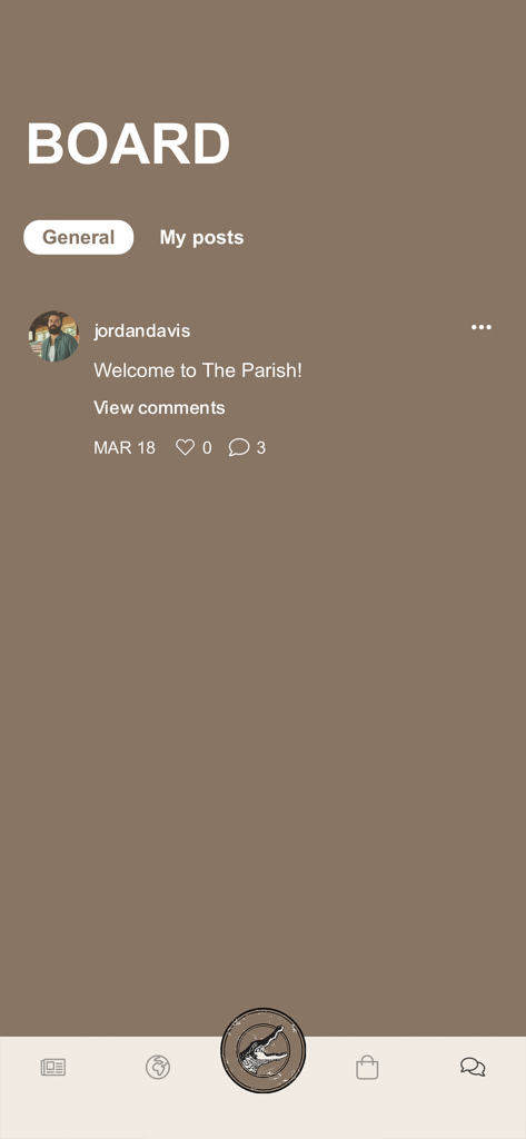 Jordan Davis Parish - Community board screen in the Jordan Davis Parish app showing a welcome post from Jordan Davis.