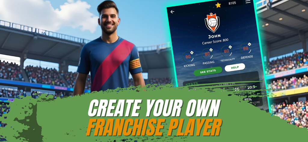 Astonishing Eleven - Soccer GM - A screen from Astonishing Eleven showing a custom franchise player profile with attributes for kicking, passing, technicality, and defense.