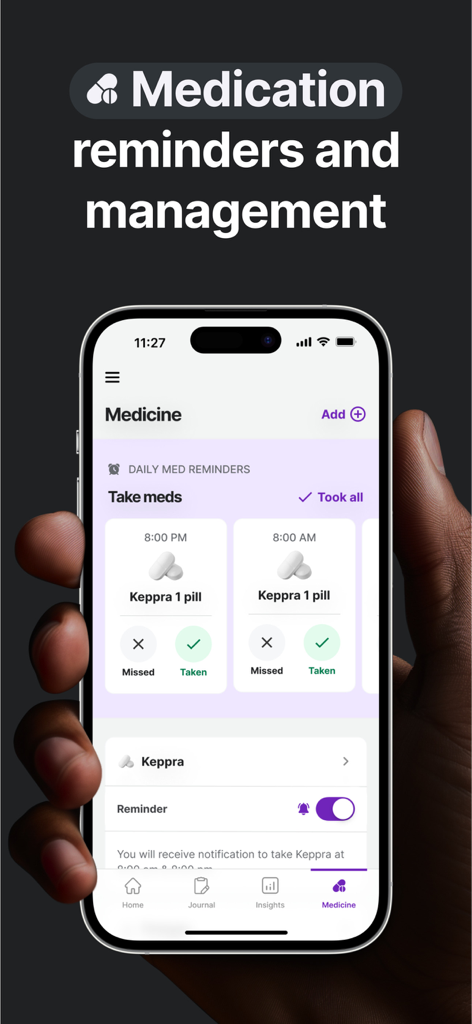 Interfaz de la aplicación Epipal que muestra recordatorios y seguimiento de medicación diarios para el manejo de convulsiones