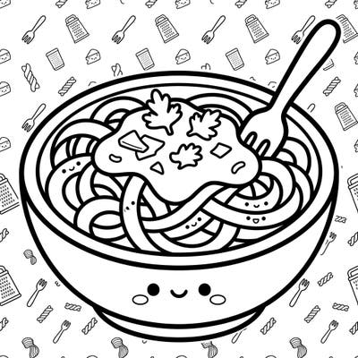 Get ready to color a bowl full of happiness with this adorable Kawaii Fettuccine Alfredo design. Featuring charming pasta, a friendly bowl, and a playful background, it's perfect for a creative escape.