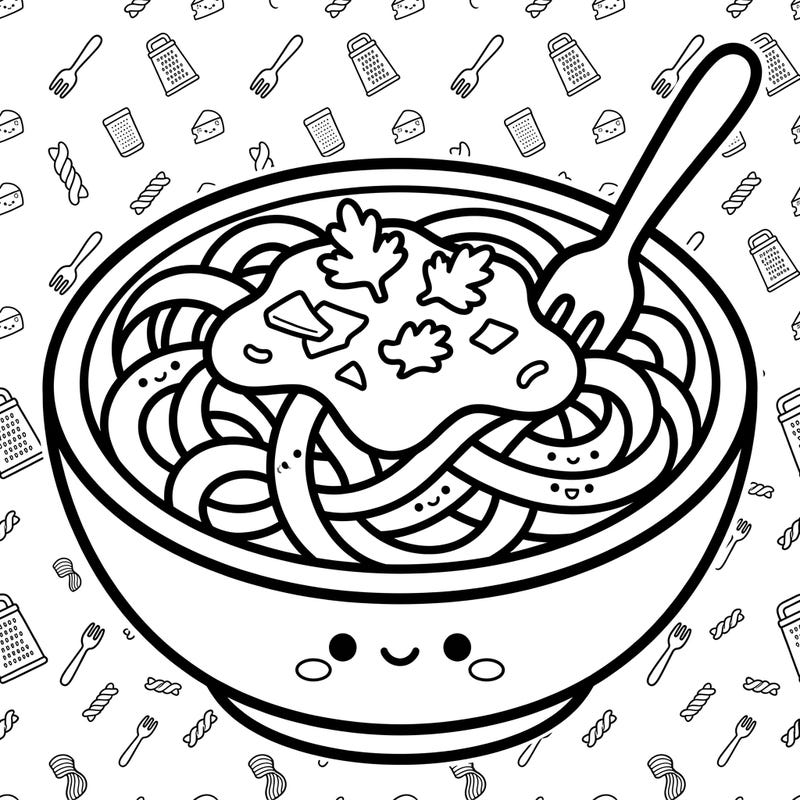 Get ready to color a bowl full of happiness with this adorable Kawaii Fettuccine Alfredo design. Featuring charming pasta, a friendly bowl, and a playful background, it's perfect for a creative escape.
