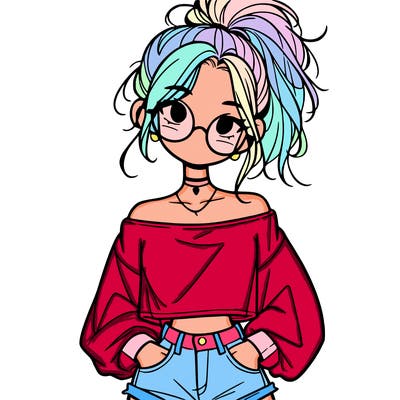 girl with a messy ponytail glasses a baggy crop top and jean shorts