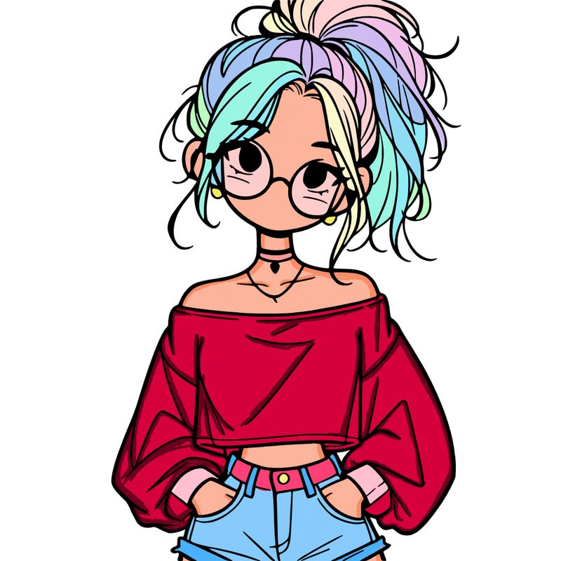 girl with a messy ponytail glasses a baggy crop top and jean shorts
