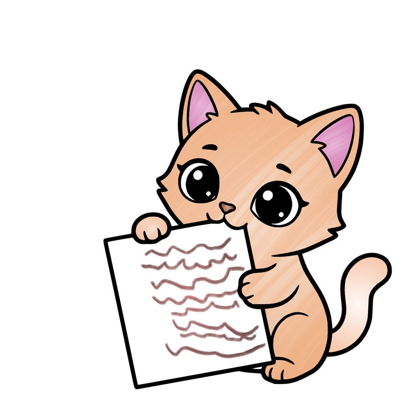 a small cat with a blank sheet of paper in its hand. the cat is sooooooo cute!