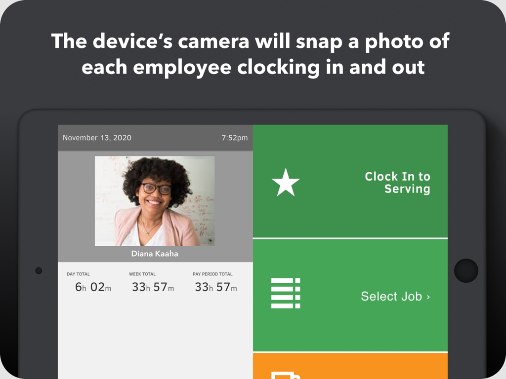 QuickBooks Time Kiosk interface showing photo capture for employee clock in verification