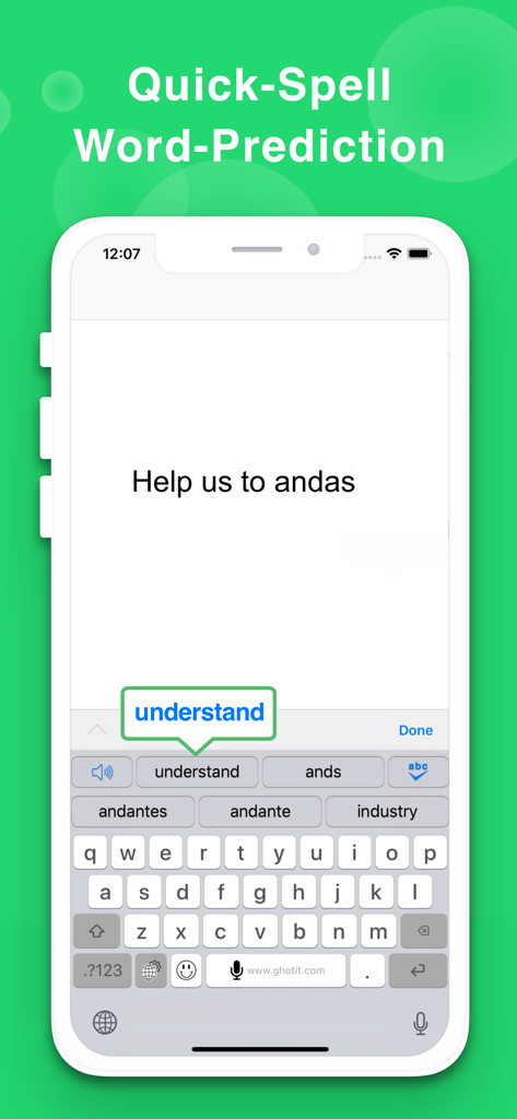 Dyslexia Keyboard - Dyslexia Keyboard interface showing Quick-Spell word prediction correcting phonetic spelling