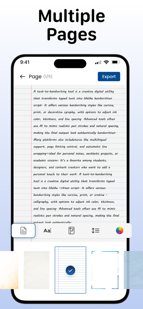 Text to Handwriting Converter - Interface of a text to handwriting converter app showing a handwritten document on lined paper with customization tools