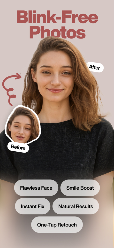 reshoot: AI Face & Hair Editor - Before and after comparison of a woman using reshoot AI to fix a blink in a photo