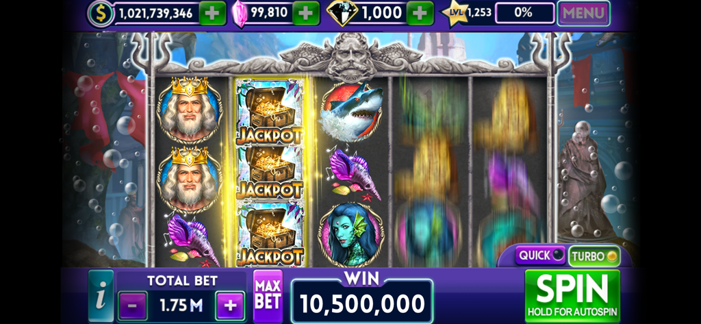 Slot Bonanza- 777 Vegas casino - Slot Bonanza gameplay showing an underwater themed slot machine and a big jackpot win