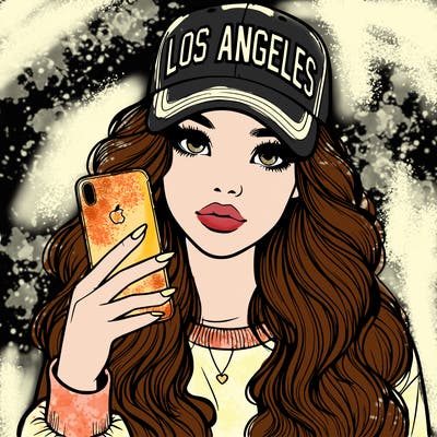 realistic beautiful girl wearing los ángeles cap holding an iphone