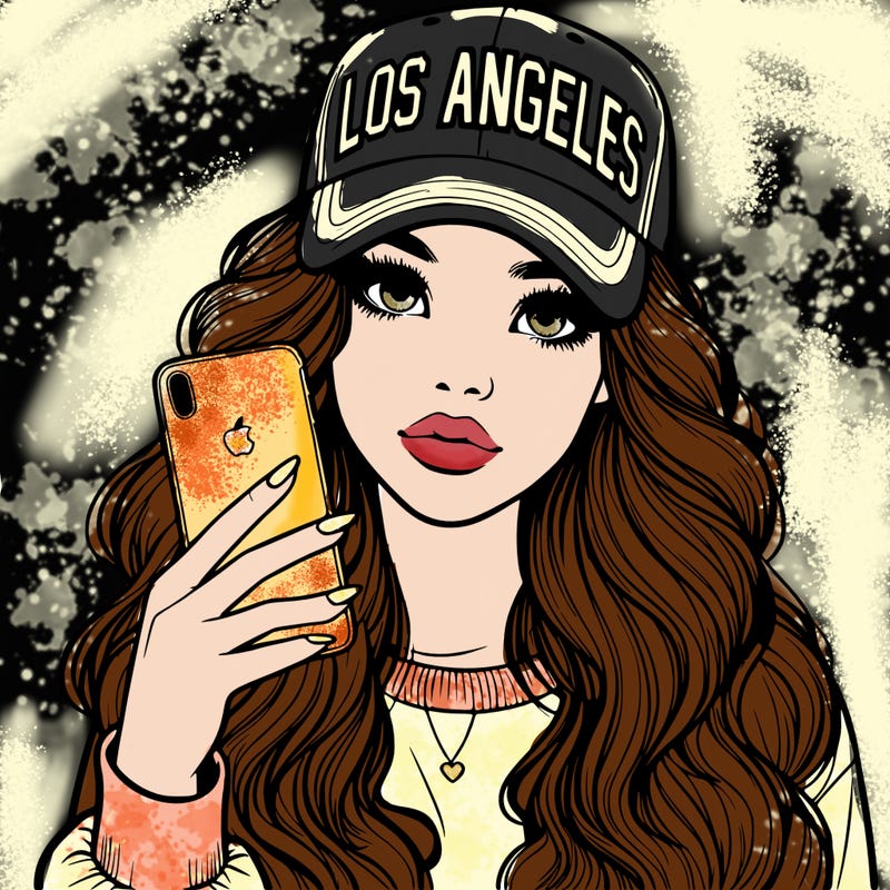 realistic beautiful girl wearing los ángeles cap holding an iphone