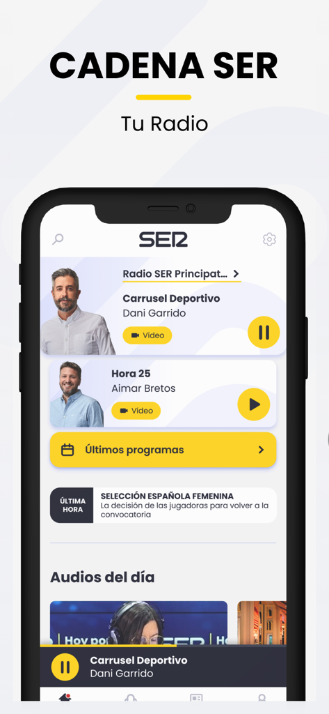 Cadena SER Radio app home screen showing sports and news broadcasts