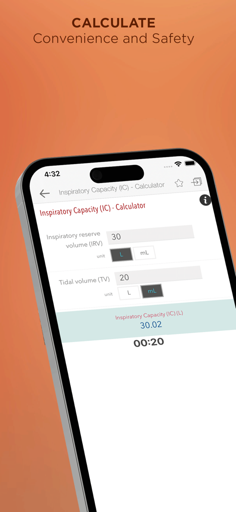 Mosby’s Diag and Lab Test Ref - Inspiratory Capacity calculator interface in the Mosbys Diagnostic and Laboratory Test Reference mobile app