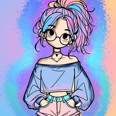 girl with a messy ponytail glasses a baggy crop top and jean shorts