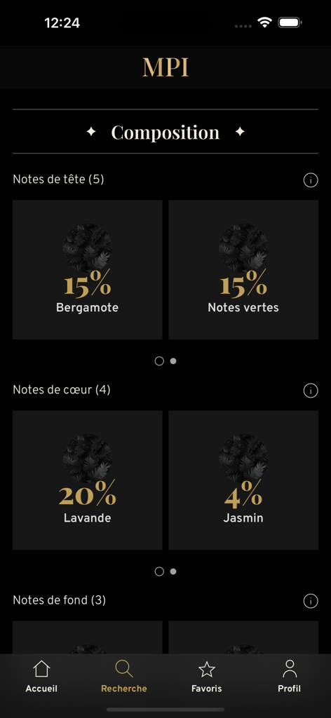 Mon parfum idéal - Mobile app interface showing a detailed breakdown of perfume fragrance notes including bergamot lavender and jasmine percentages