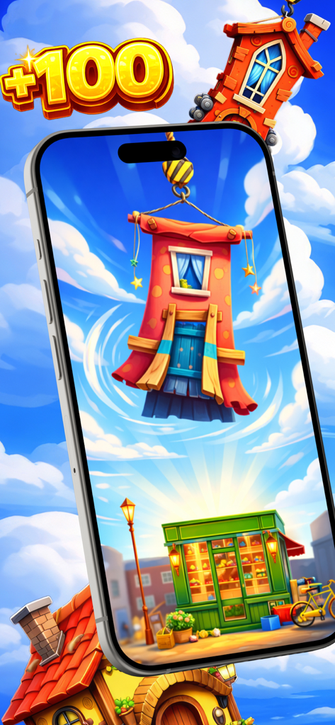 Strong Whisper Expert - Interfaz colorida de un juego móvil que muestra una grúa bajando una pieza de casa caprichosa en una calle soleada de la ciudad con un indicador de puntuación de más 100