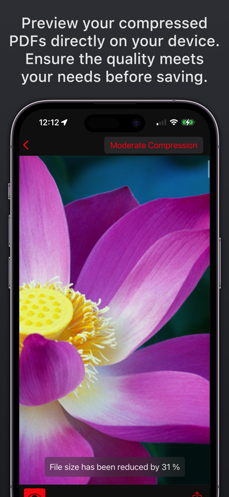 Eine Vorschau einer komprimierten PDF-Datei auf einem iPhone-Bildschirm, die die Qualität und den Prozentsatz der Dateigrößenreduzierung zeigt.