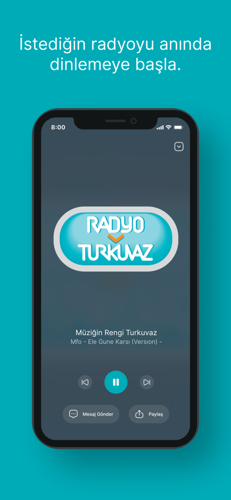 Turkuvaz Radyolar - A smartphone screen displaying the Turkuvaz Radyolar app player interface with the Radyo Turkuvaz logo and playback controls.