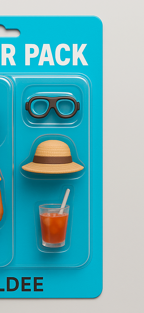 A blue toy blister pack labeled Starter Pack containing miniature goggles, a straw hat, and a drink.