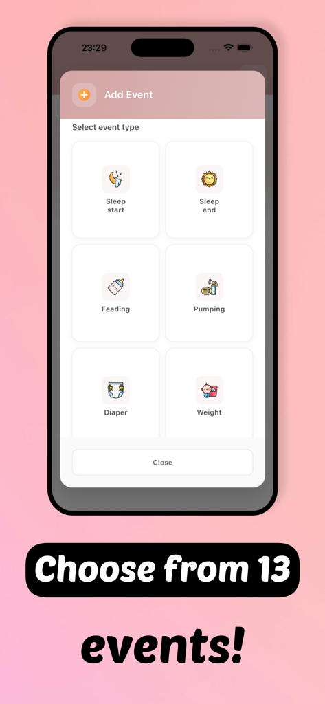 A mobile interface for My Avocado App showing baby event tracking options including sleep feeding diaper and weight