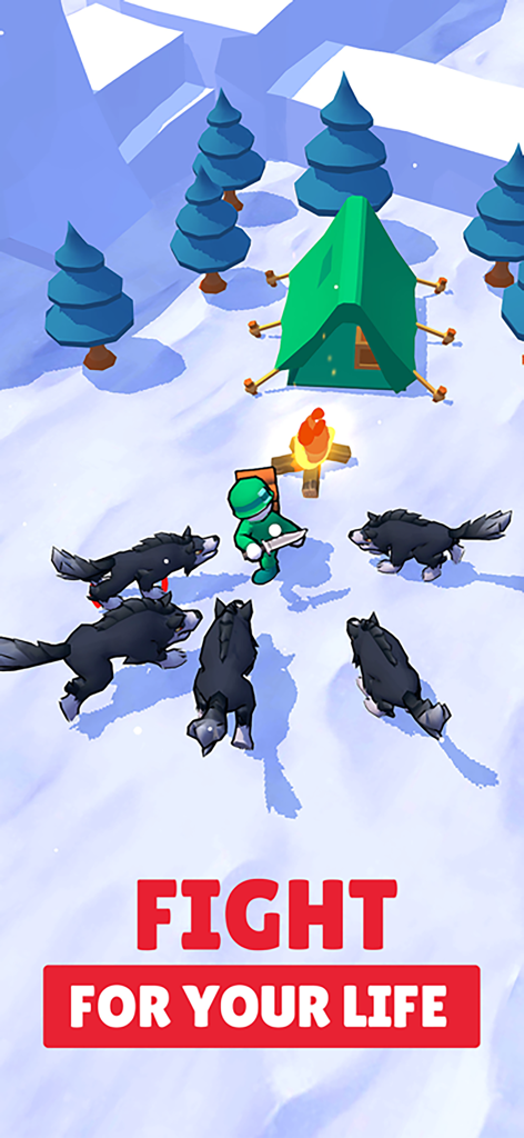 Stickman of Wars: RPG Shooters - A green stickman character fighting a pack of wolves in a snowy camp environment