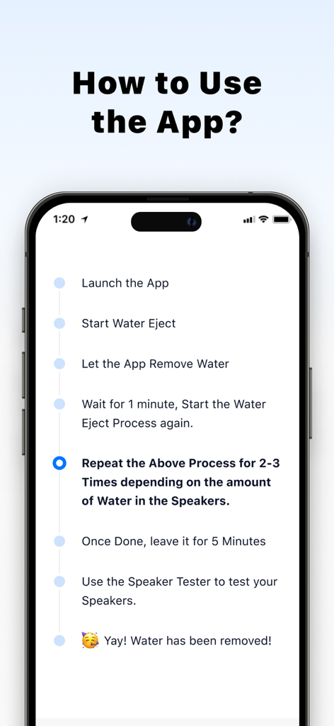 Step-by-step instructions on how to use the Water Eject app to remove liquid from iPhone speakers