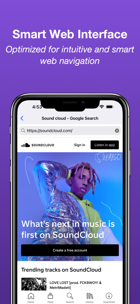 SoundCloudウェブサイトが開かれており、下部にナビゲーションバーがあるTorrent BrowserのスマートWebインターフェースを表示するiPhone。